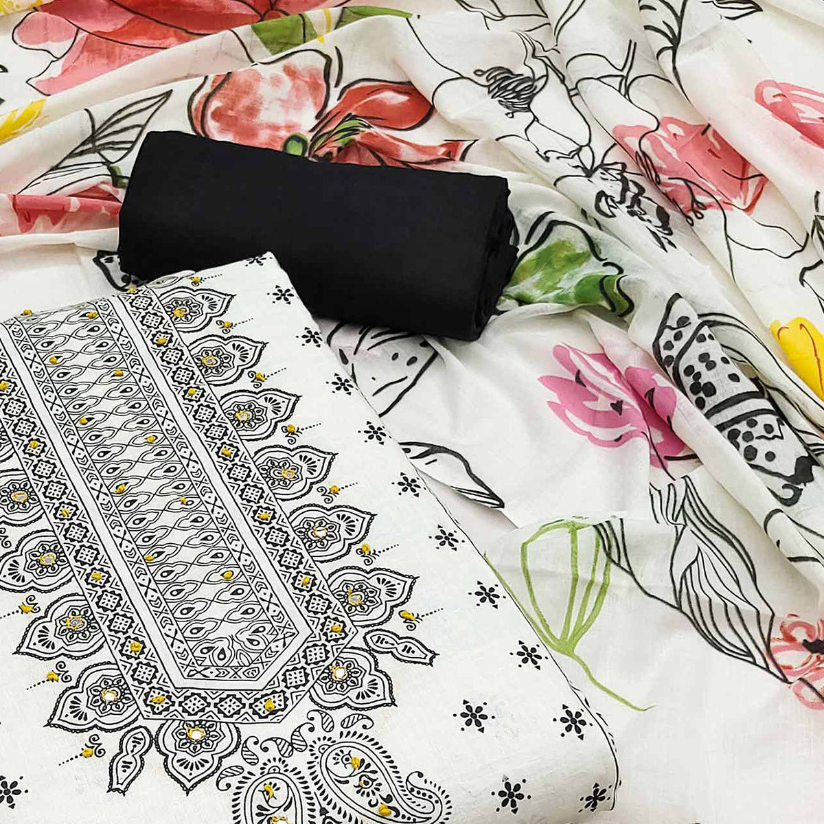 White & Yellow Floral Printed Pure Cotton Dress Material