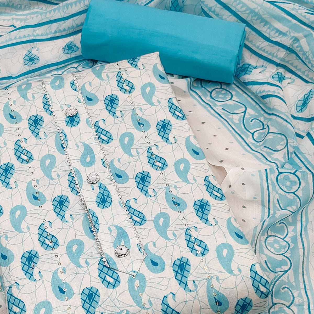 Blue Printed With Sequins Work Pure Cotton Dress Material