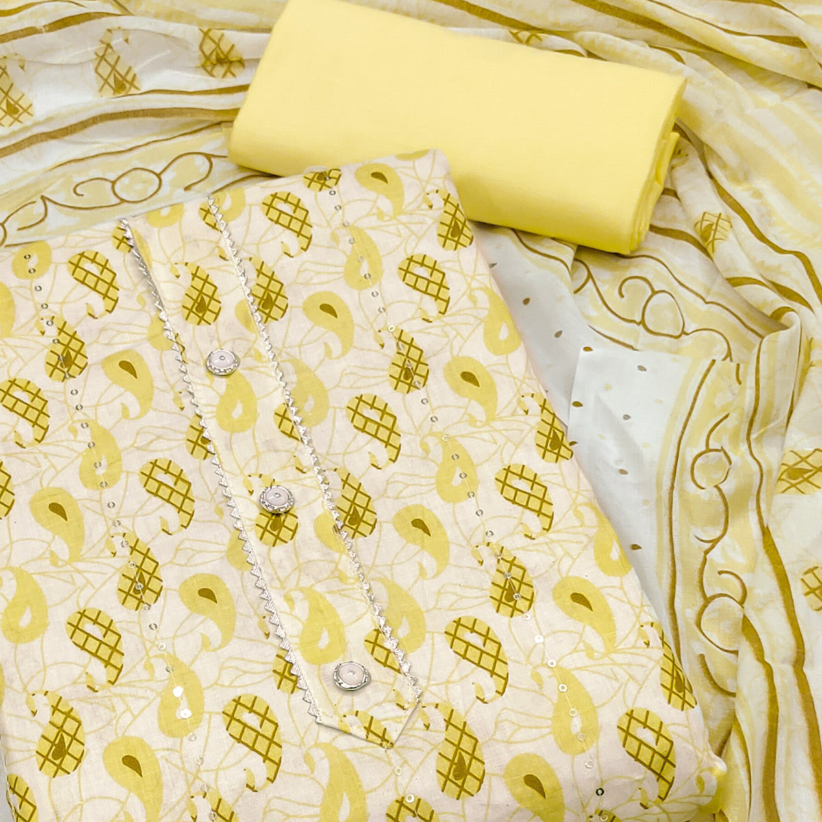 Yellow Printed With Sequins Work Pure Cotton Dress Material