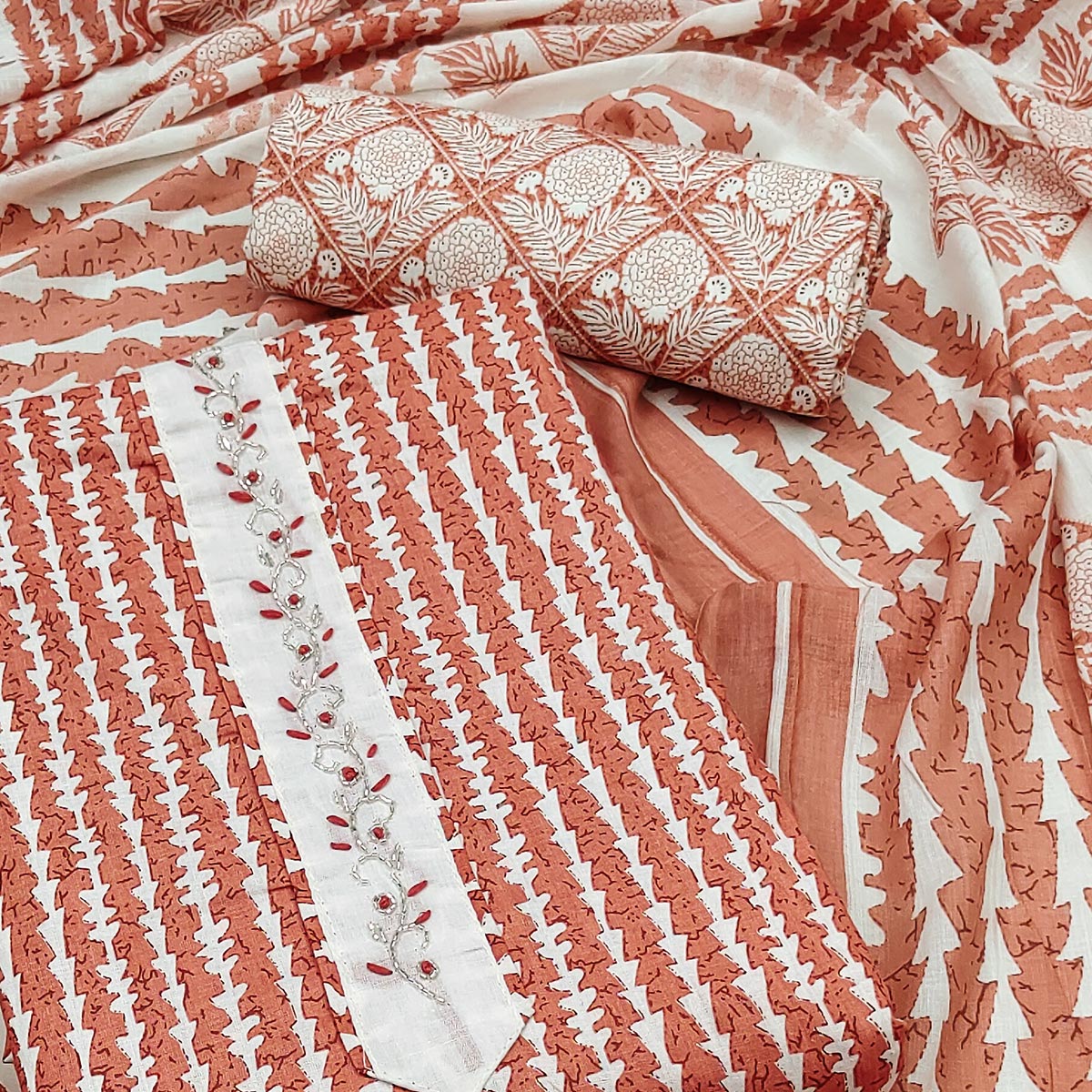 Rust Printed Pure Cotton Dress Material