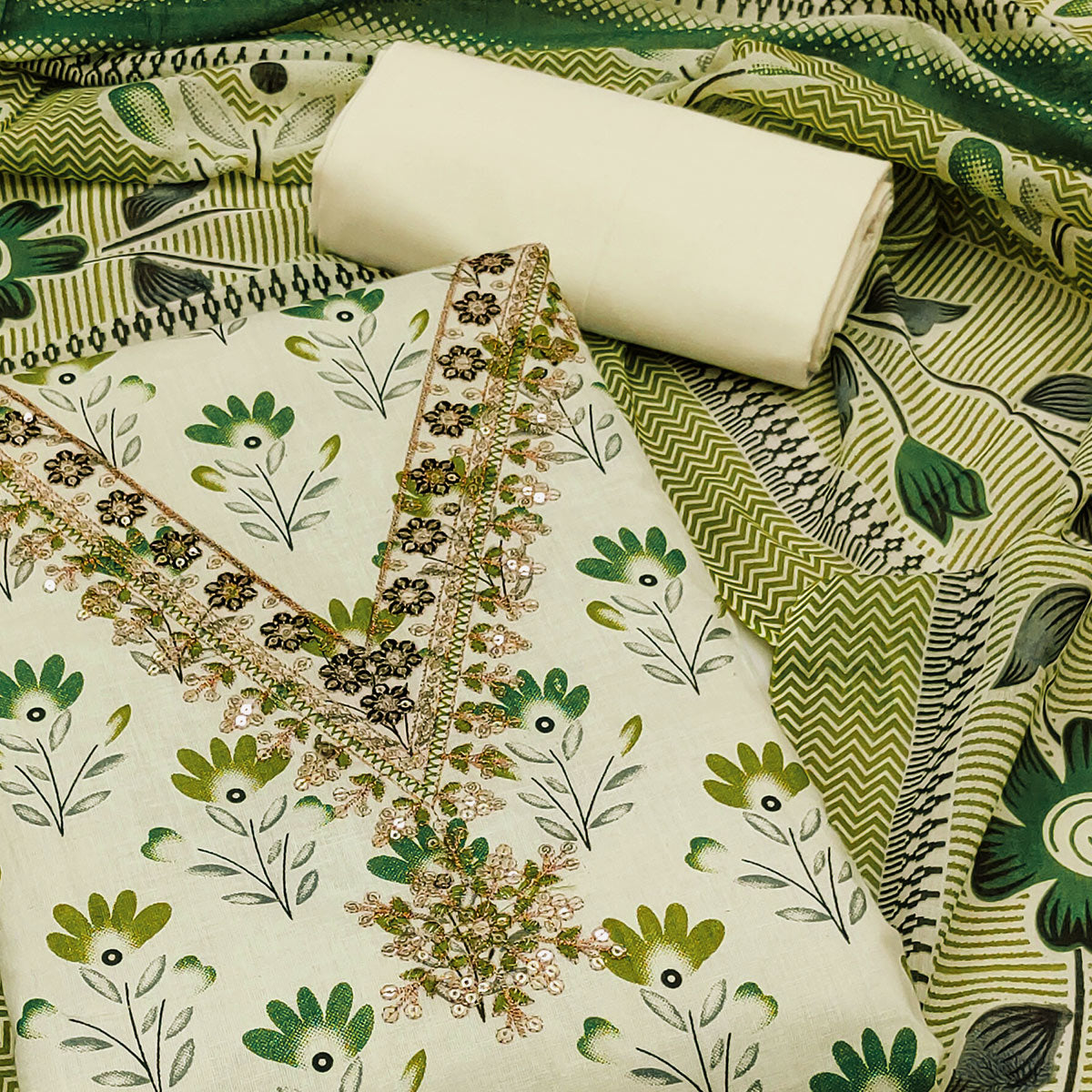 Green Floral Printed Embroidery Work Pure Cotton Dress Material