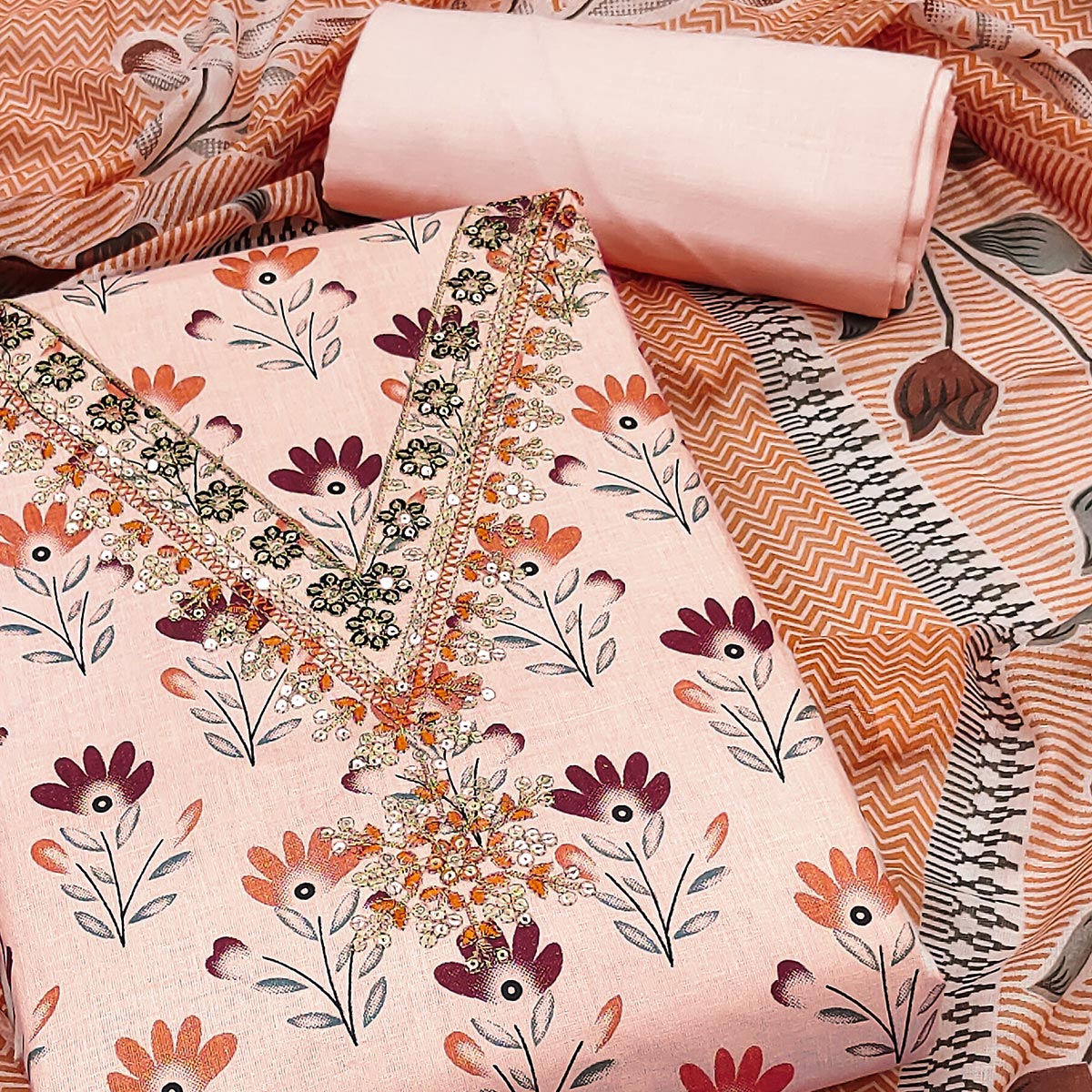 Peach Floral Printed Embroidery Work Pure Cotton Dress Material