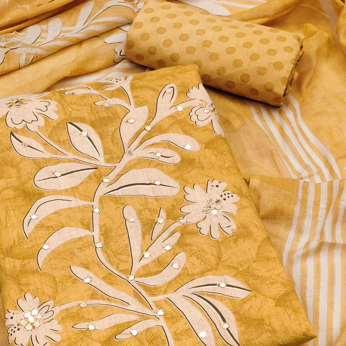 Mustard Floral Printed Mirror Work Pure Cotton Dress Material