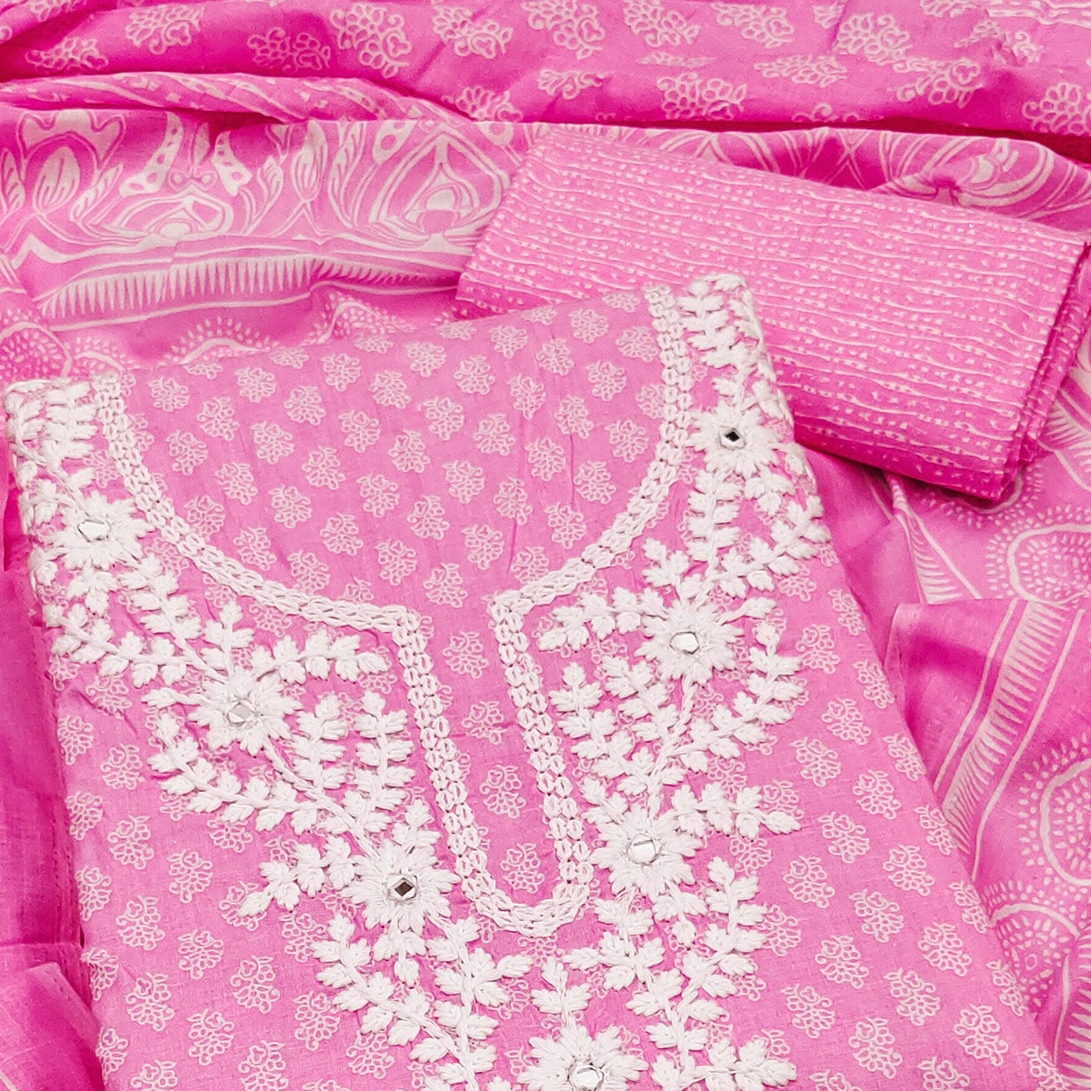 Pink Pure Cotton Dress Material with Artistic Neck Embroidery and Subtle Printed Motifs