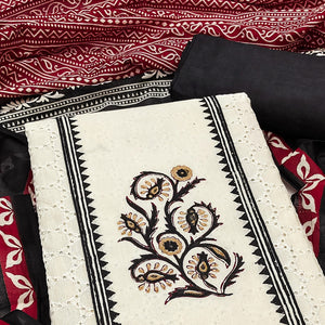 Off White & Black Dress Material in Pure Cotton with Schiffli Detailing and Handblock Motifs