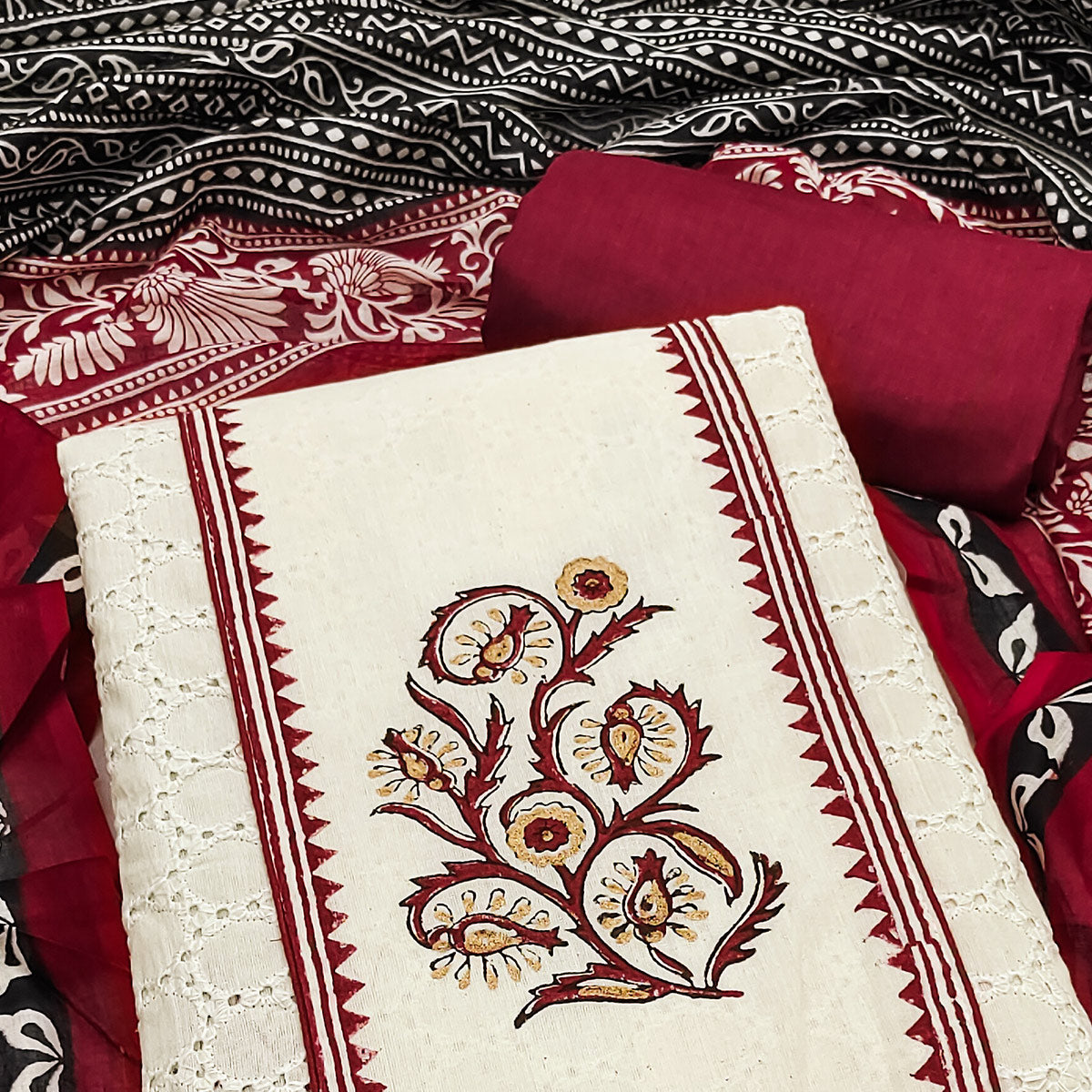 Off White & Maroon Dress Material in Pure Cotton with Schiffli Detailing and Handblock Motifs