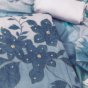 Blue & Grey Floral Print Cotton Fabric with Intricate Beads Work