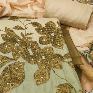 Olive & Beige Floral Print Cotton Fabric with Intricate Beads Work