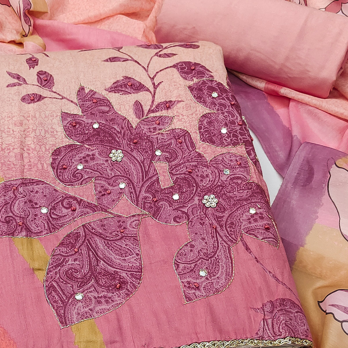 Pink & Peach Floral Print Cotton Fabric with Intricate Beads Work