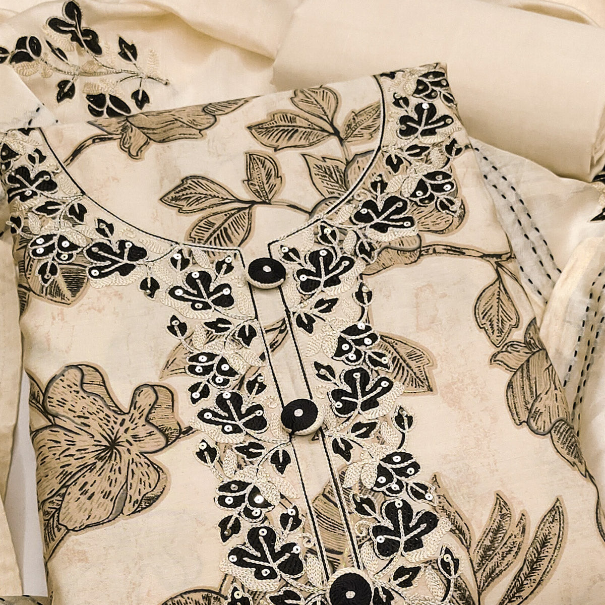 Chic Beige Floral Printed Cotton Blend Dress Material With Intricate Thread & Sequins Embellishment