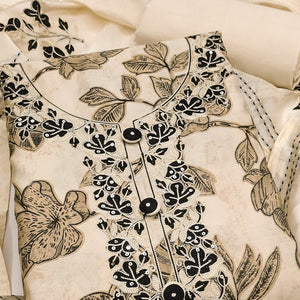 Chic Beige Floral Printed Cotton Blend Dress Material With Intricate Thread & Sequins Embellishment