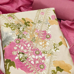 Artistic Beige Floral Print Cotton Blend Dress Material Accented With Cording Embroidery & Sequins