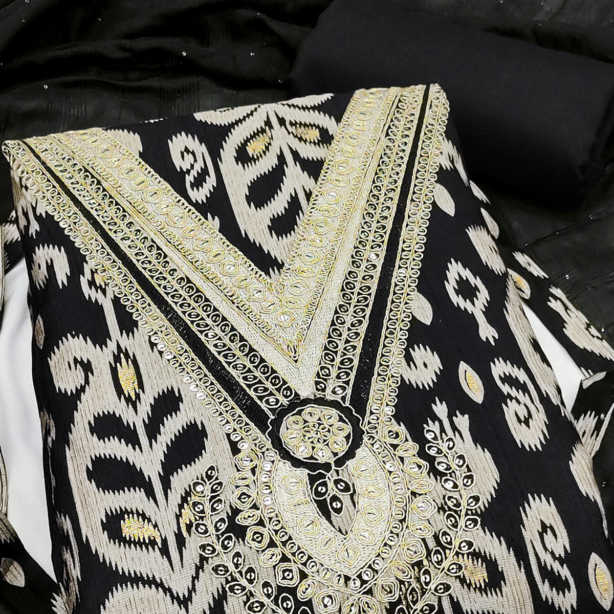 Graceful Black Ikkat Cotton Blend Dress Material Showcasing Cording Embroidery & Sequins