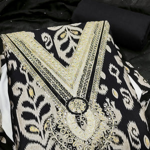 Graceful Black Ikkat Cotton Blend Dress Material Showcasing Cording Embroidery & Sequins