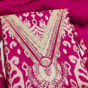 Graceful Pink Ikkat Cotton Blend Dress Material Showcasing Cording Embroidery & Sequins