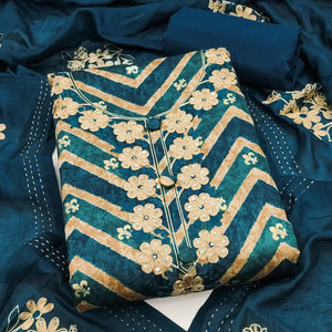 Artistic Blue Zig Zag Print Cotton Blend Dress Material Accented With Floral Embroidery & Sequins