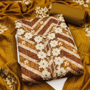 Artistic Mustard Zig Zag Print Cotton Blend Dress Material Accented With Floral Embroidery & Sequins