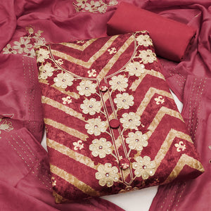 Artistic Pink Zig Zag Print Cotton Blend Dress Material Accented With Floral Embroidery & Sequins