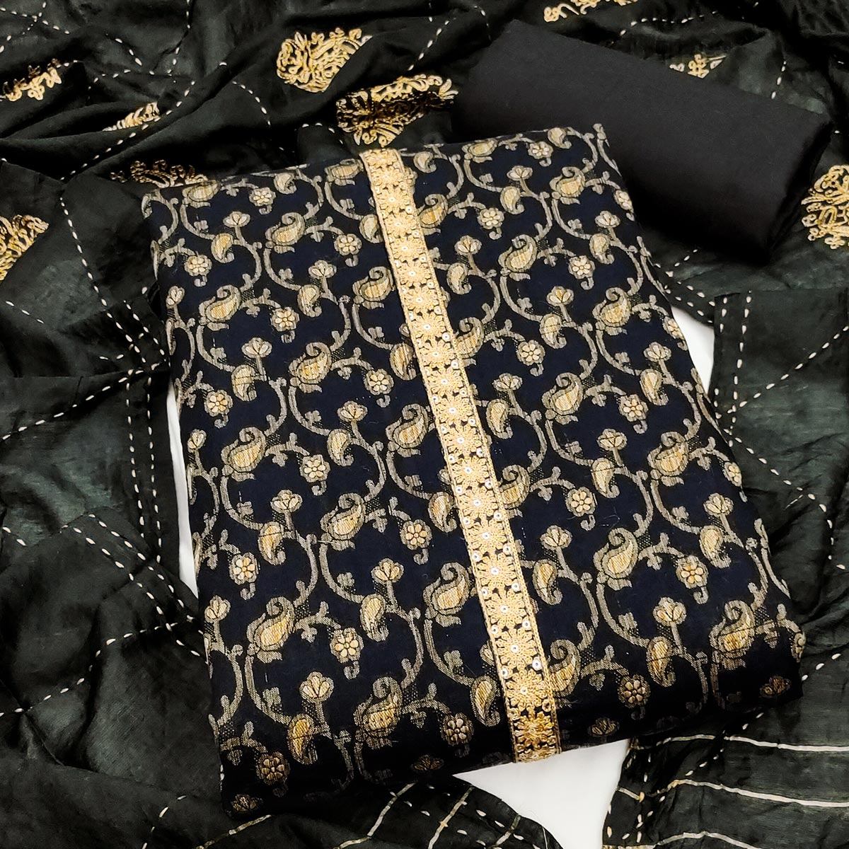 Elegant Black Cotton Blend Dress Material Featuring Floral & Paisley Prints With Embroidery Work