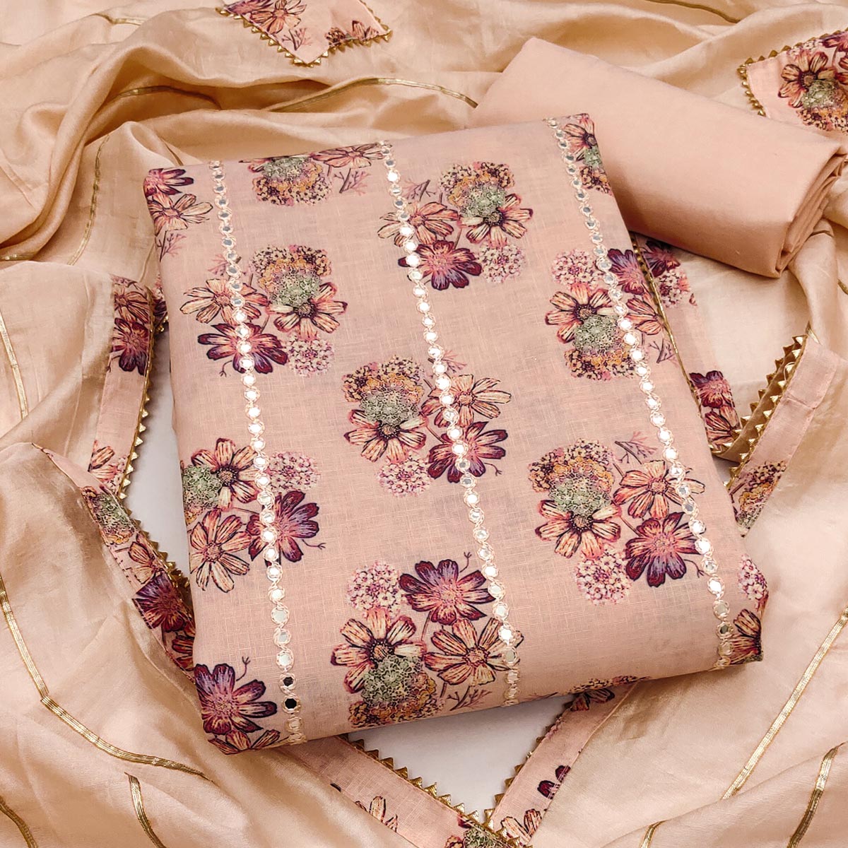 Stylish Peach Floral Print Cotton Blend Dress Material With Delicate Embroidery Work