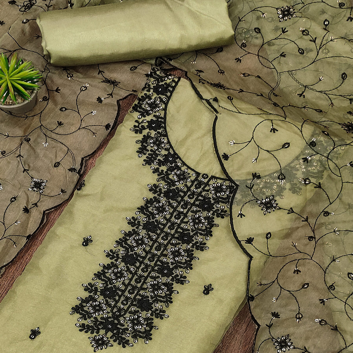 Green Floral Embroidered Organza Dress Material