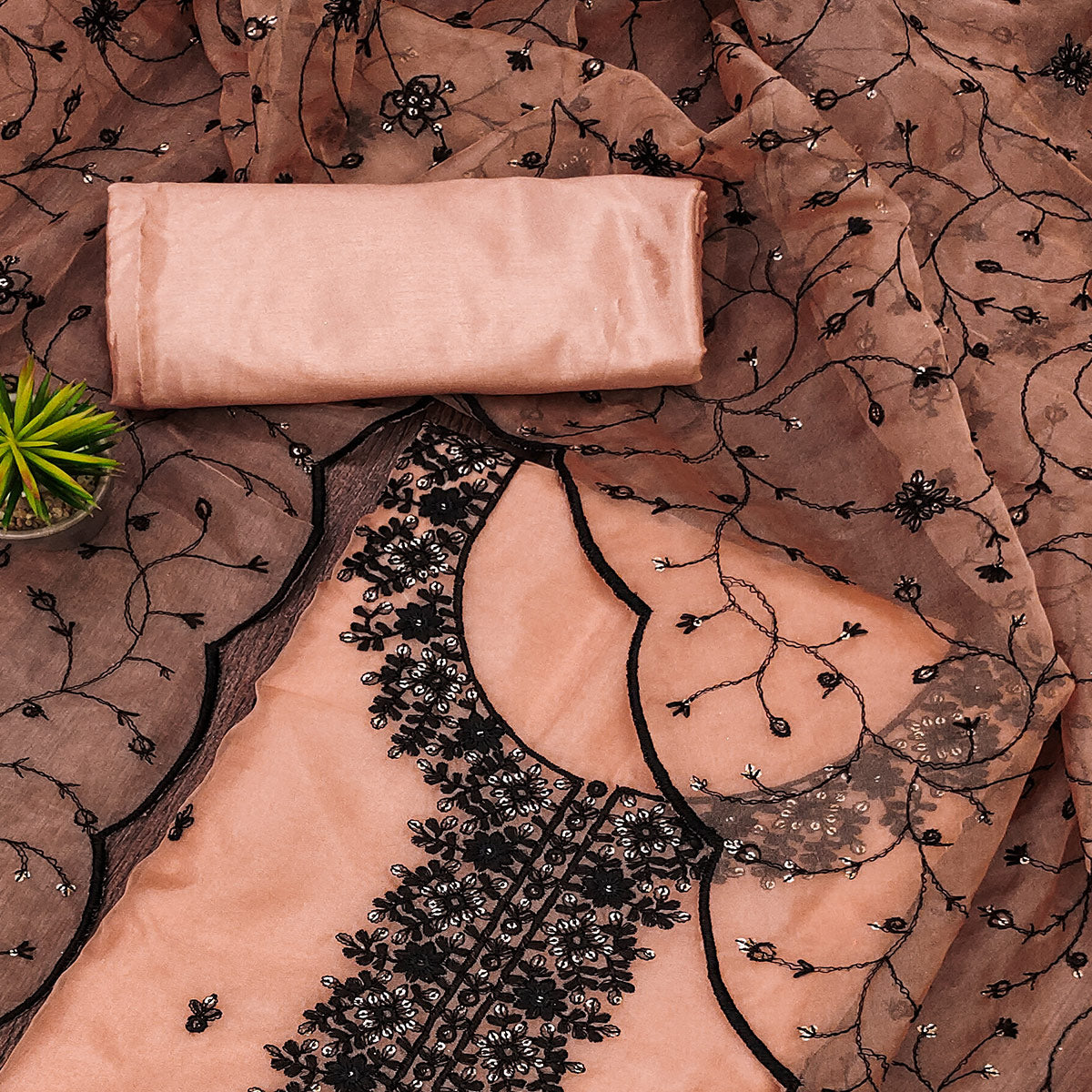 Peach Floral Embroidered Organza Dress Material