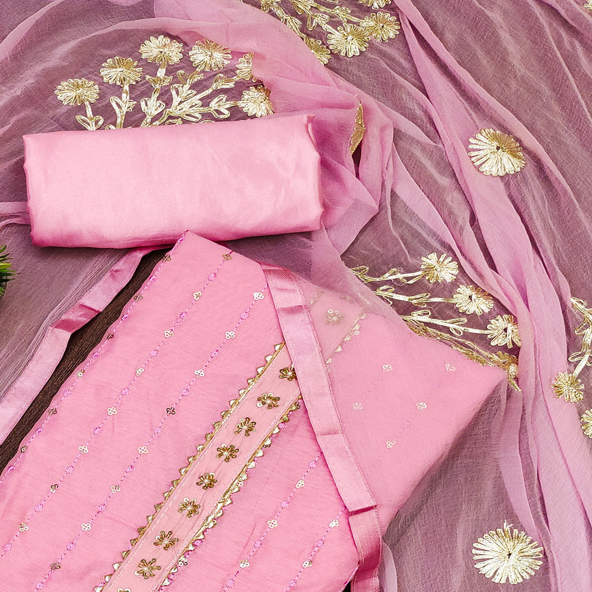 Pink Floral Embroidered Chanderi Dress Material