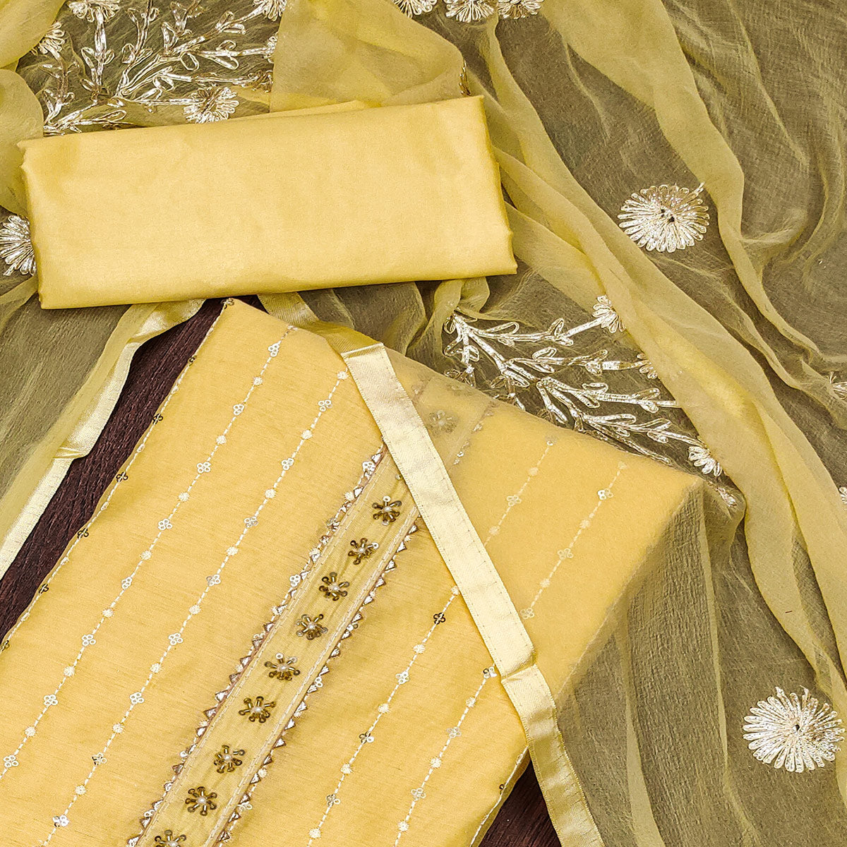 Yellow Floral Embroidered Chanderi Dress Material