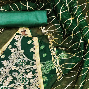 Green Floral Woven Organza Dress Material