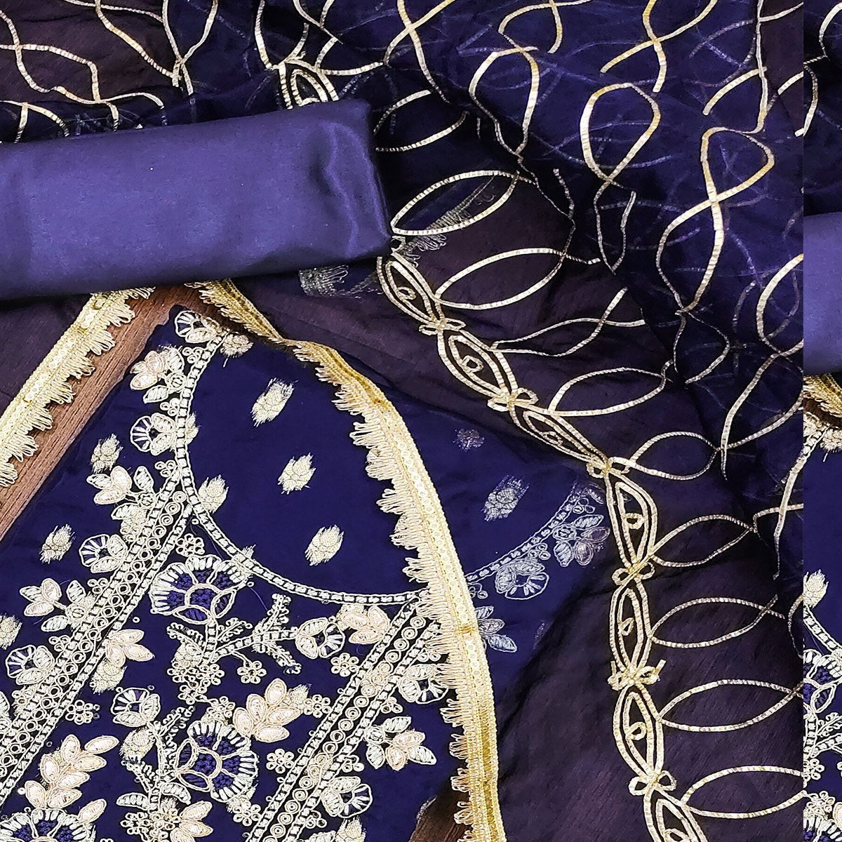 Navy Blue Floral Woven Organza Dress Material