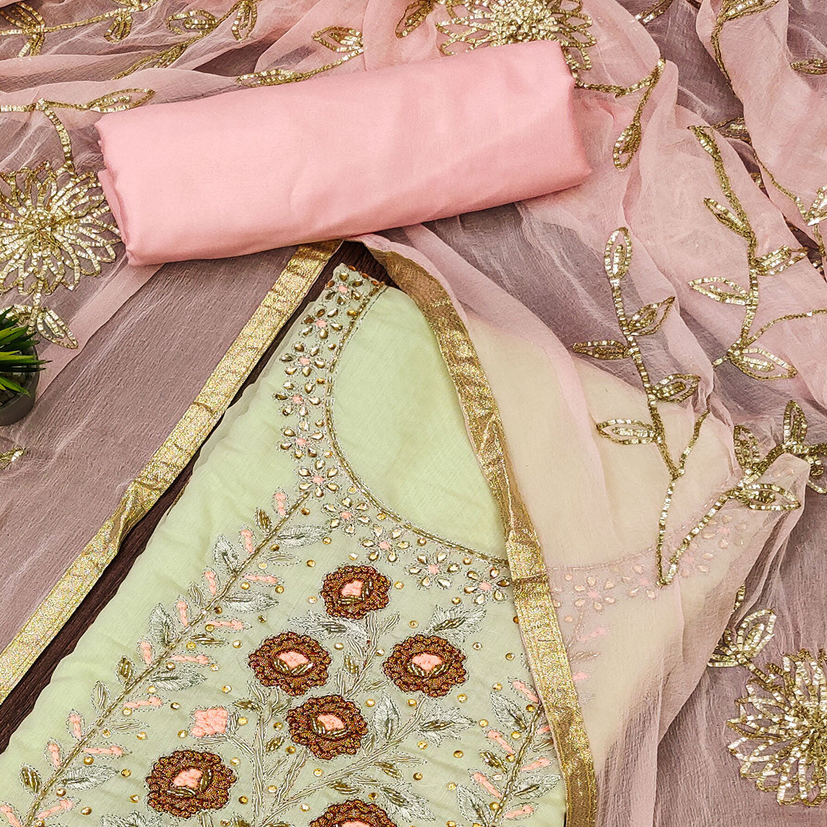 Green Floral Embroidered Chanderi Dress Material