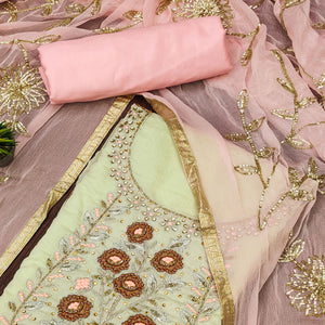 Green Floral Embroidered Chanderi Dress Material