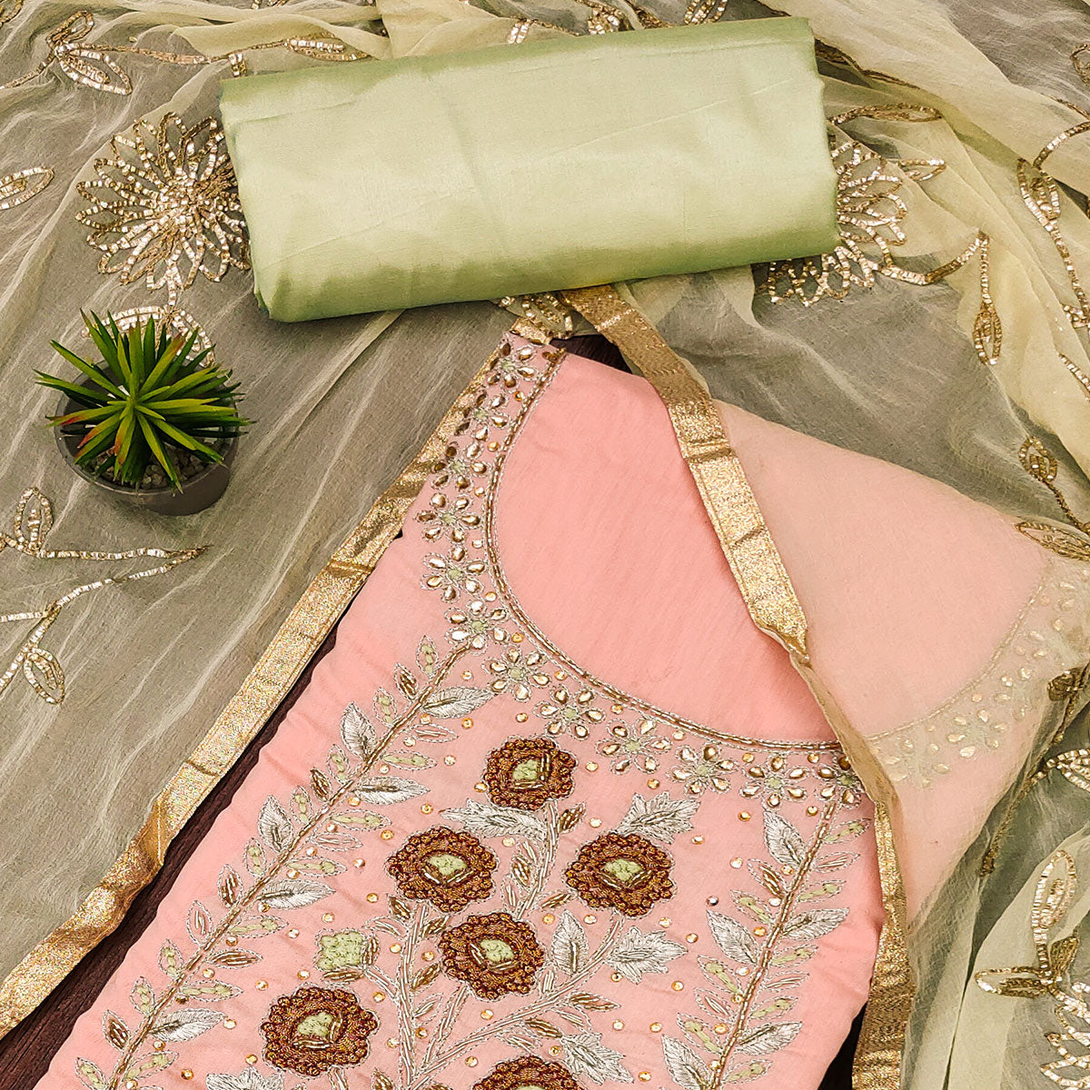 Peach Floral Embroidered Chanderi Dress Material