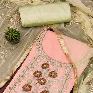 Peach Floral Embroidered Chanderi Dress Material