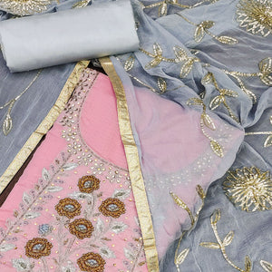 Pink Floral Embroidered Chanderi Dress Material