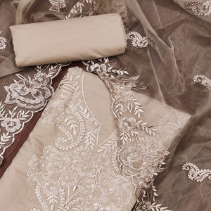 Beige Floral Embroidered Cotton Blend Dress Material