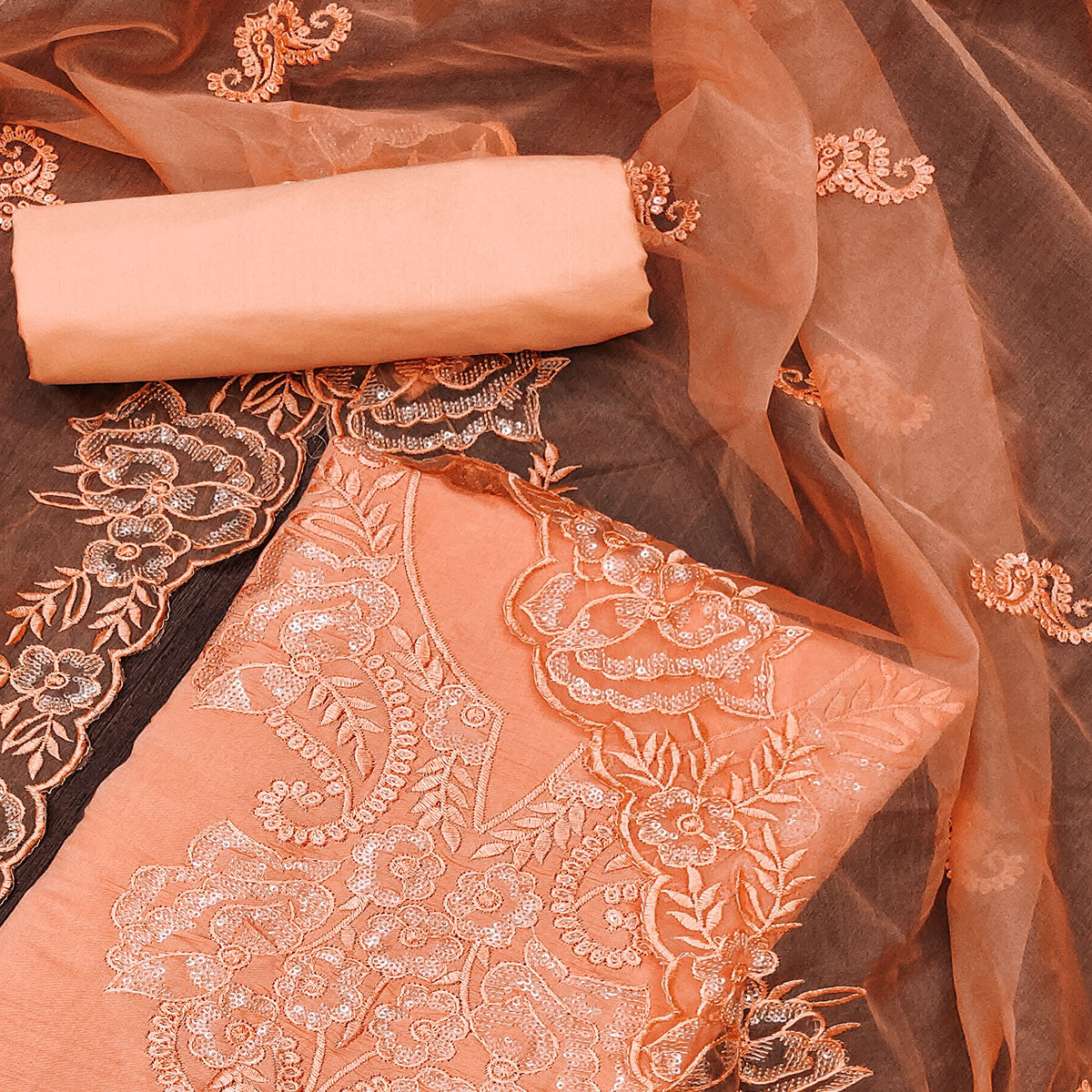 Orange Floral Embroidered Cotton Blend Dress Material