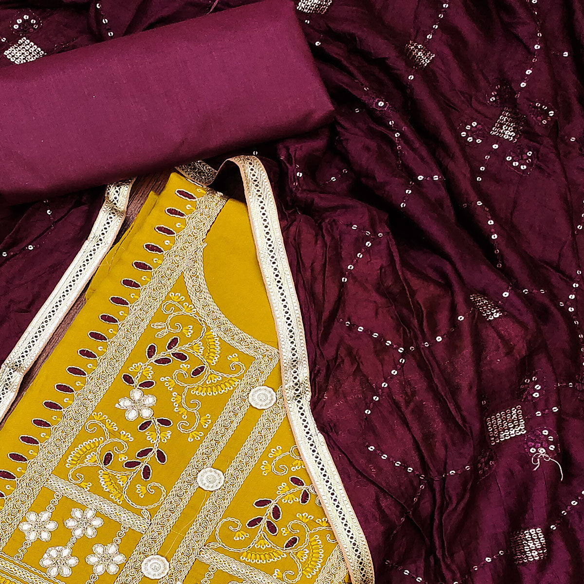 Mustard Floral Embroidered Cotton Silk Dress Material
