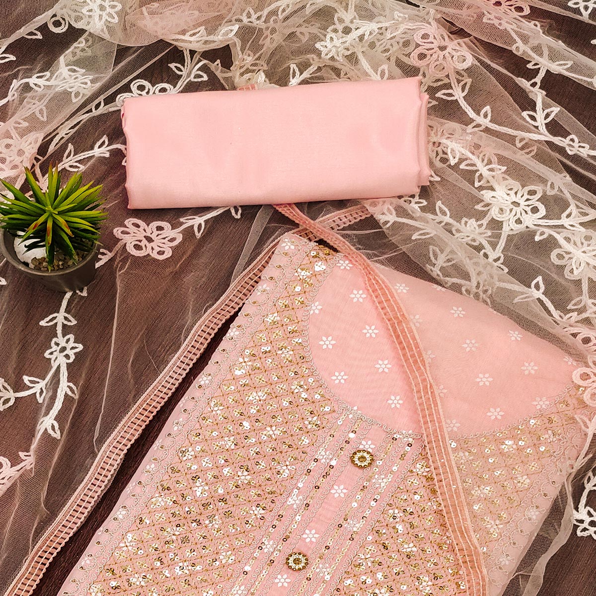 Peach Printed With Embroidered Chanderi Dress Material