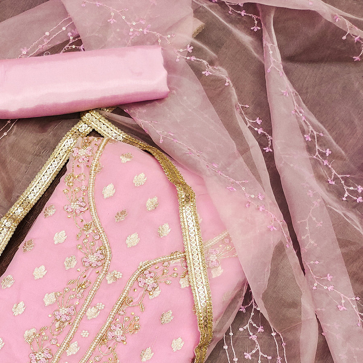 Pink Woven Organza Dress Material