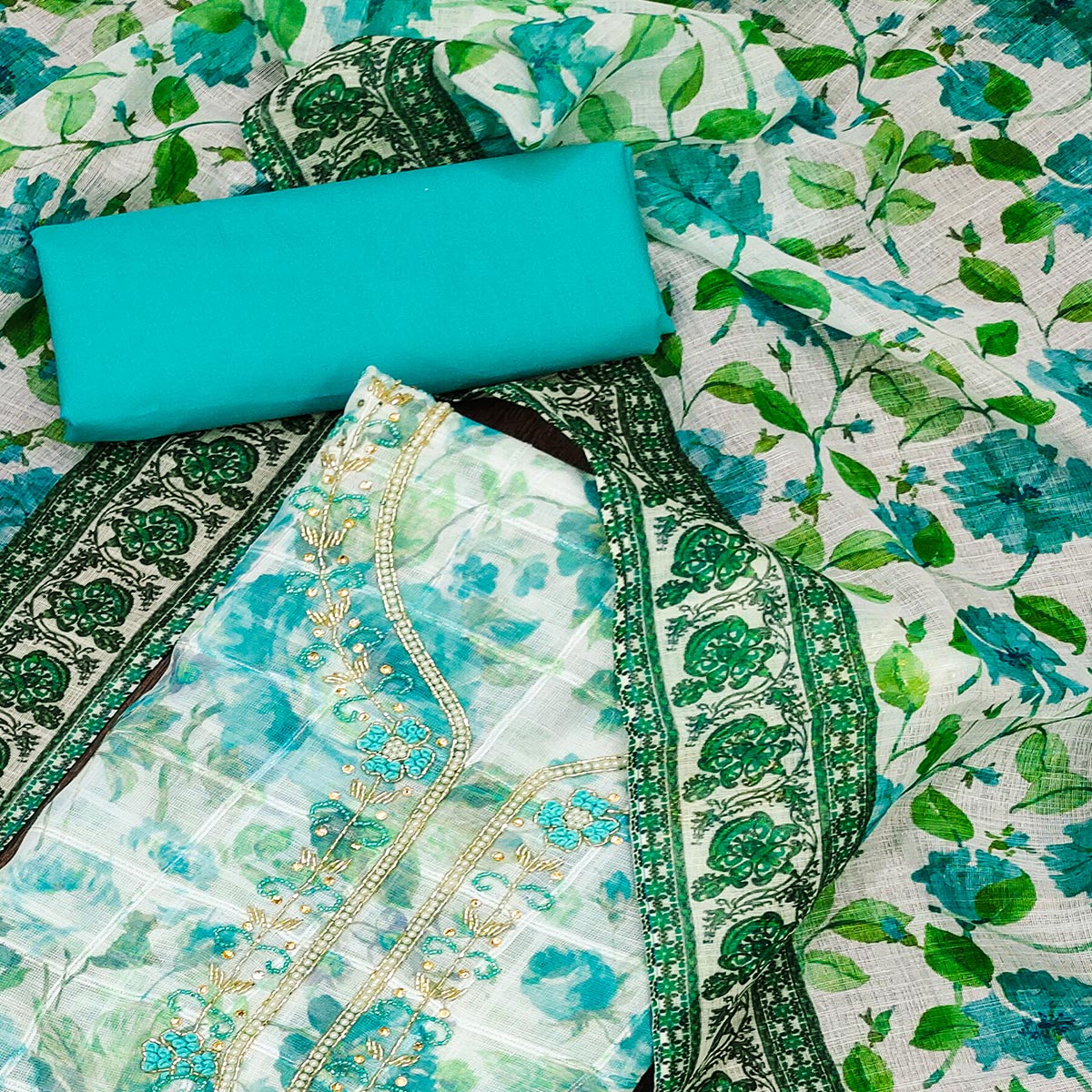 Blue Floral Printed Cotton Dress Material
