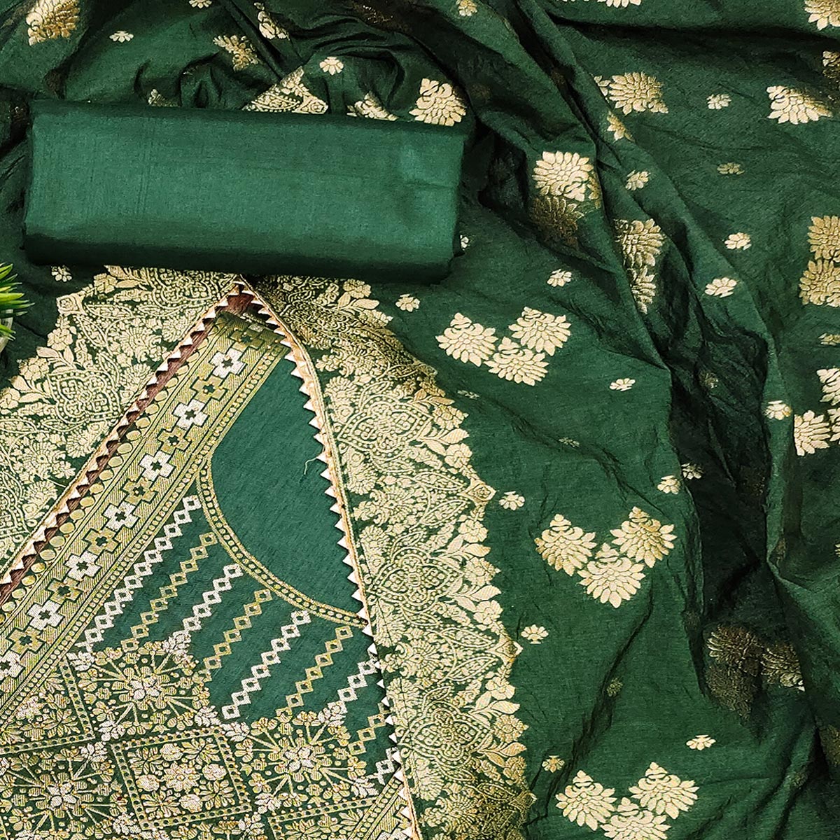 Green Woven Cotton Silk Dress Material