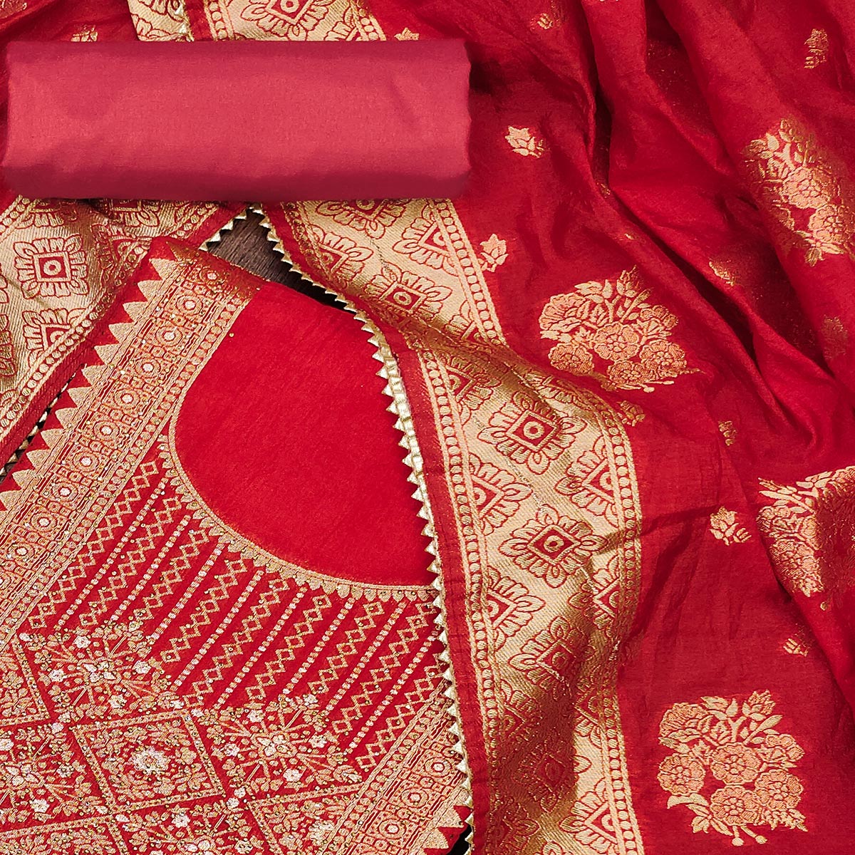 Red Woven Cotton Silk Dress Material