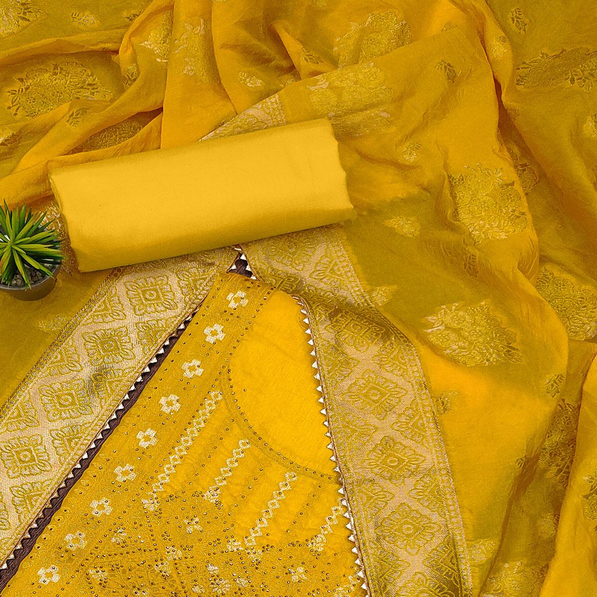 Yellow Woven Cotton Silk Dress Material