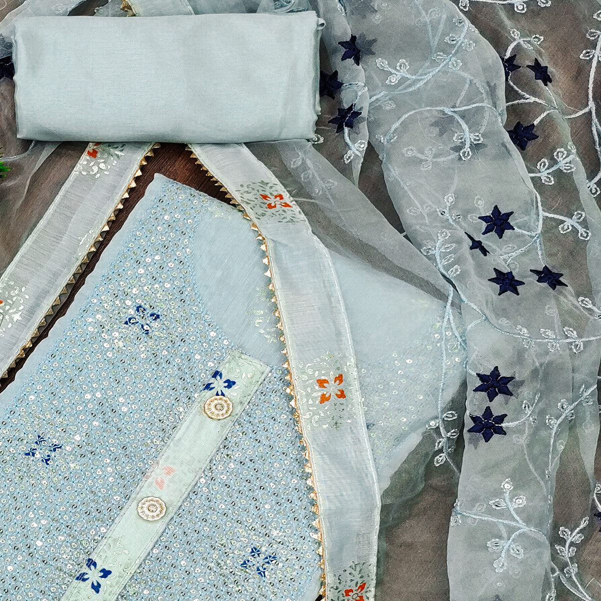 Light Blue Floral Foil Printed Chanderi Dress Material
