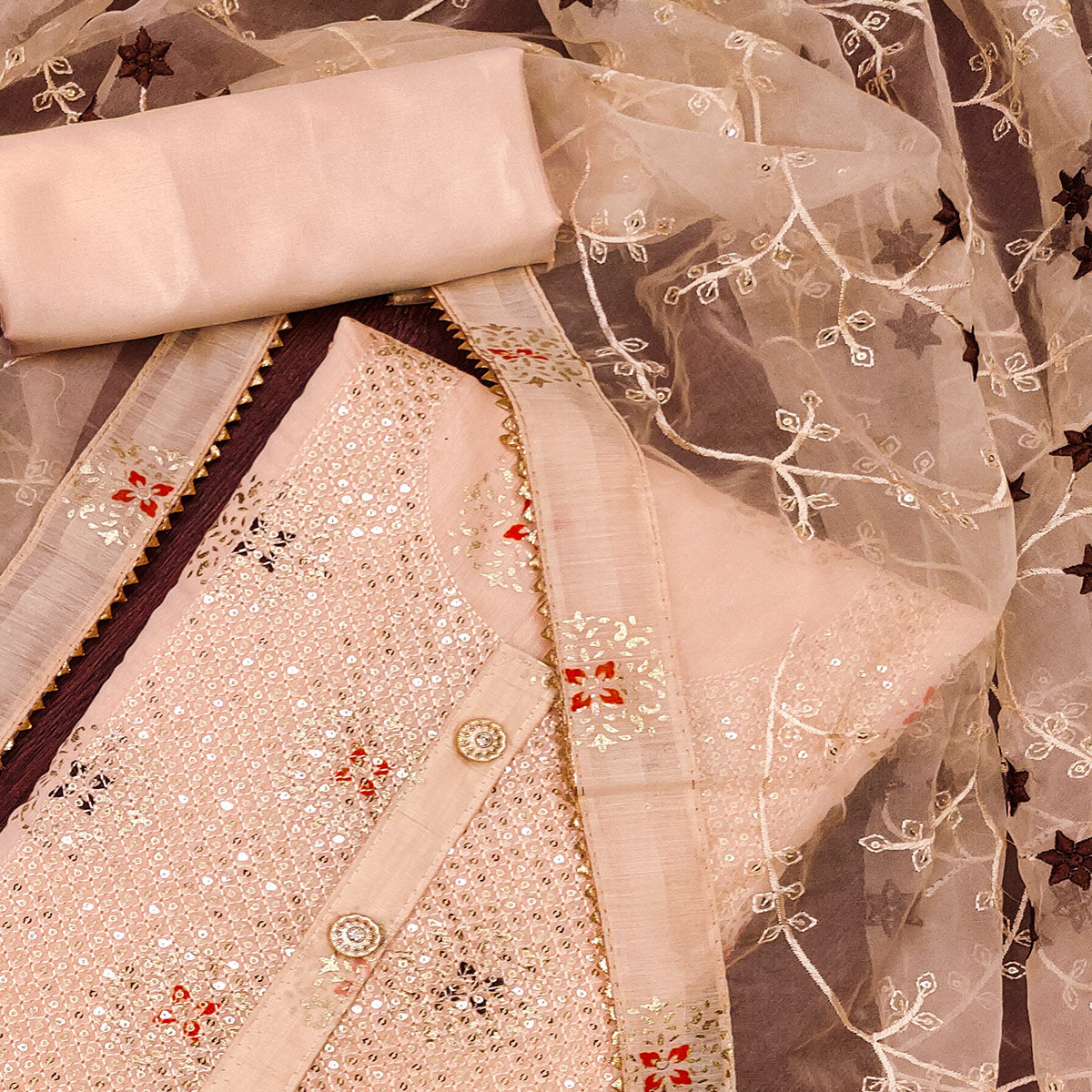 Peach Floral Foil Printed Chanderi Dress Material