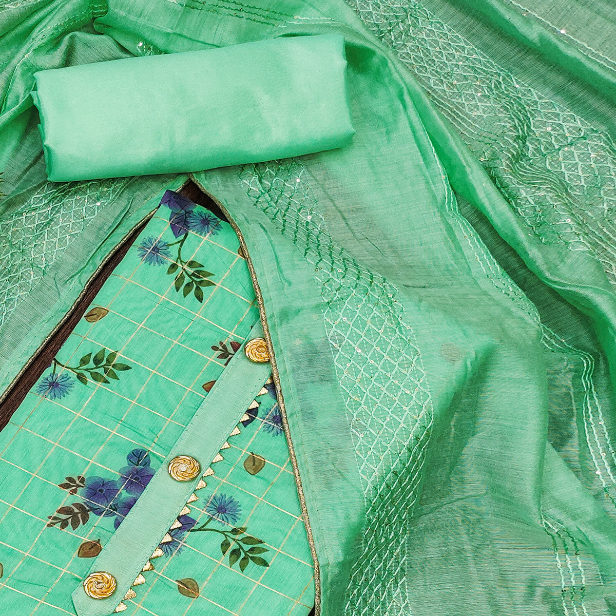 Green Floral Printed Chanderi Dress Material