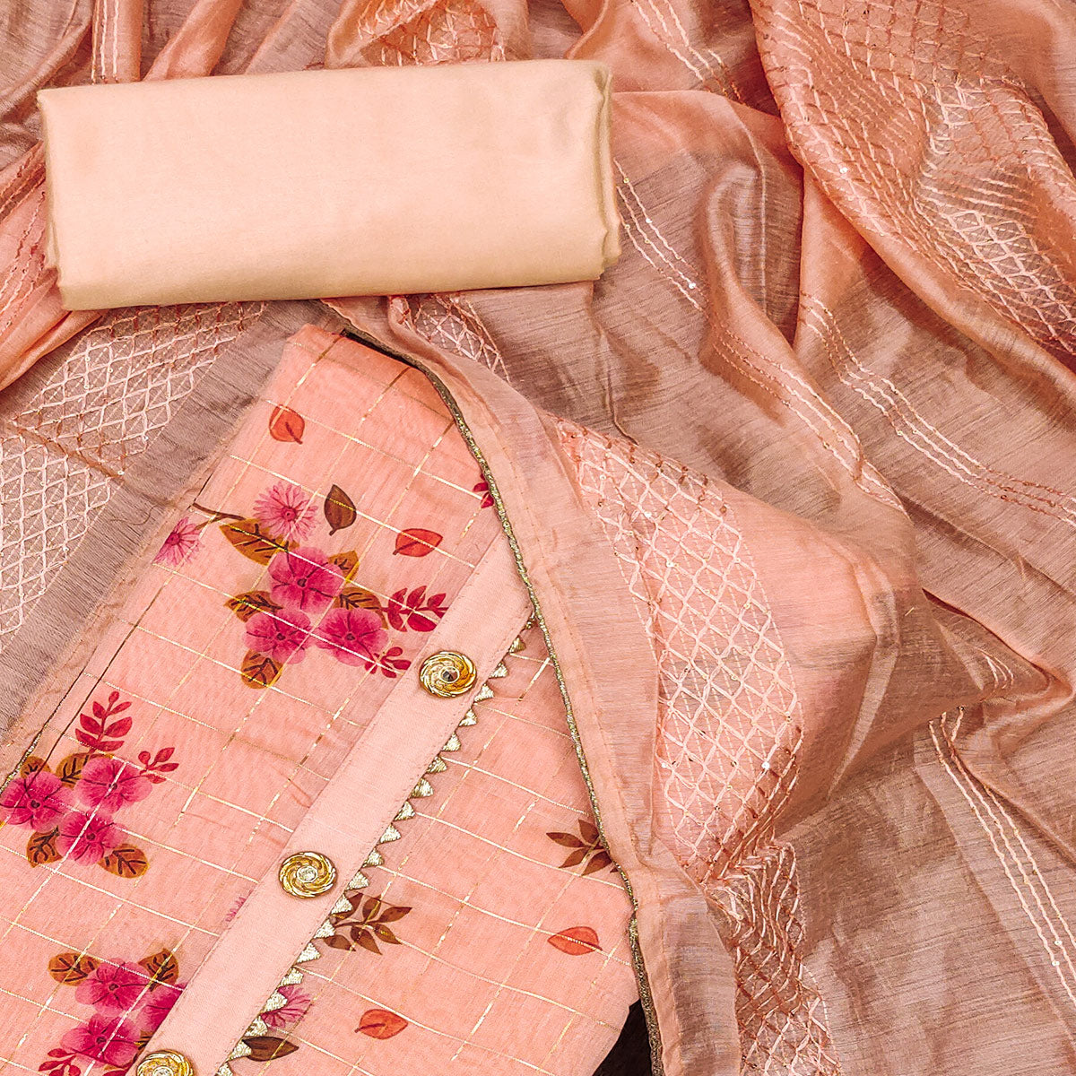 Peach Floral Printed Chanderi Dress Material