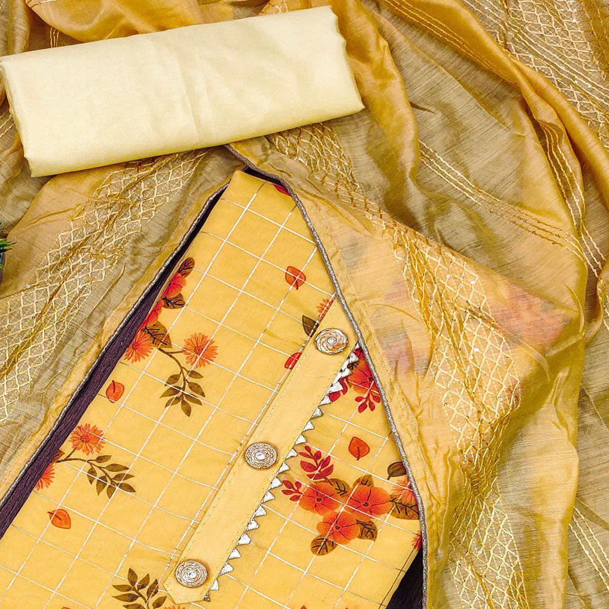 Yellow Floral Printed Chanderi Dress Material