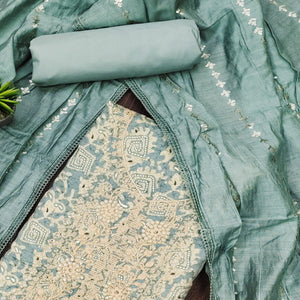 Blue Embroidered With Printed Muslin Dress Material